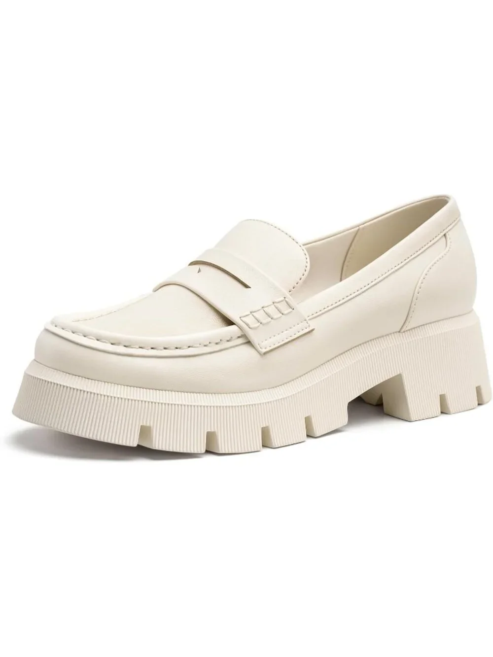 Women's Beige Round Toe Heeled Chunky Lug Sole Slip On Casual Penny Loafer Shoes